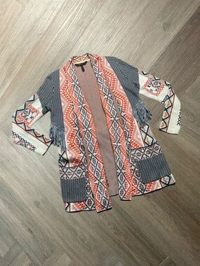 BCBGMAXAZRIA Amur Geometric Aztec‎ Boho Duster Fringe Cardigan Womens XS Orange